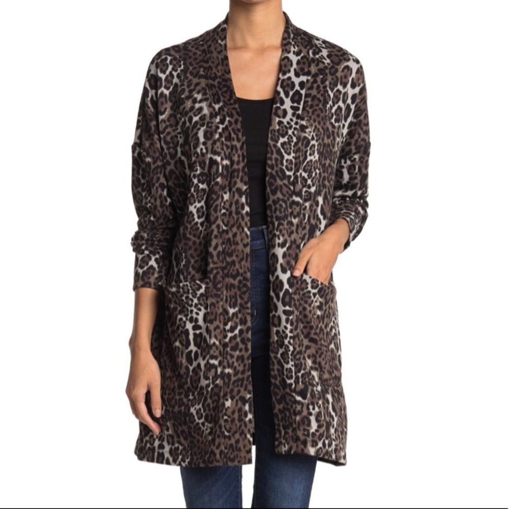 NWOT Sanctuary Leopard Animal Print Open Cardigan Camp Patch Pocket Knit Small